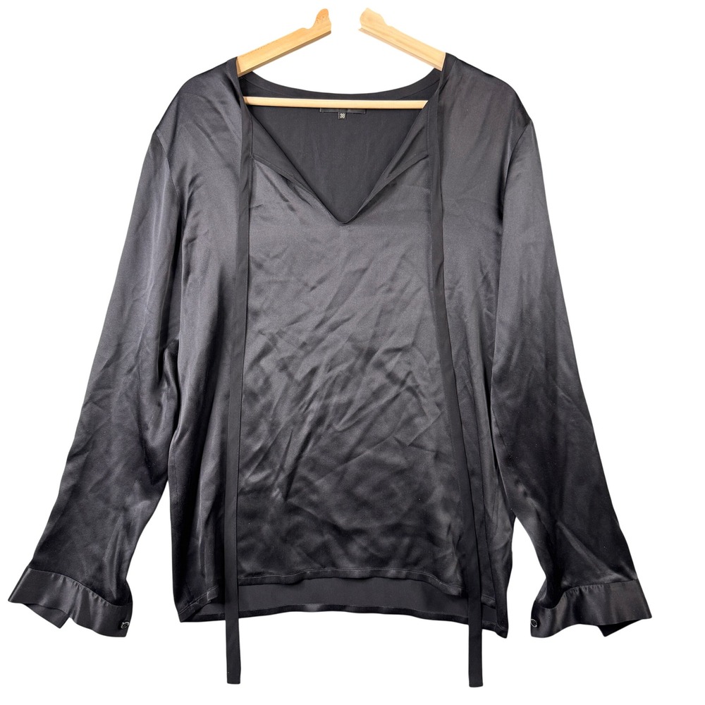 Barbara Bui Black 100% Silk V-Neck Tie Blouse Long Sleeve Top Size 38 Pullover